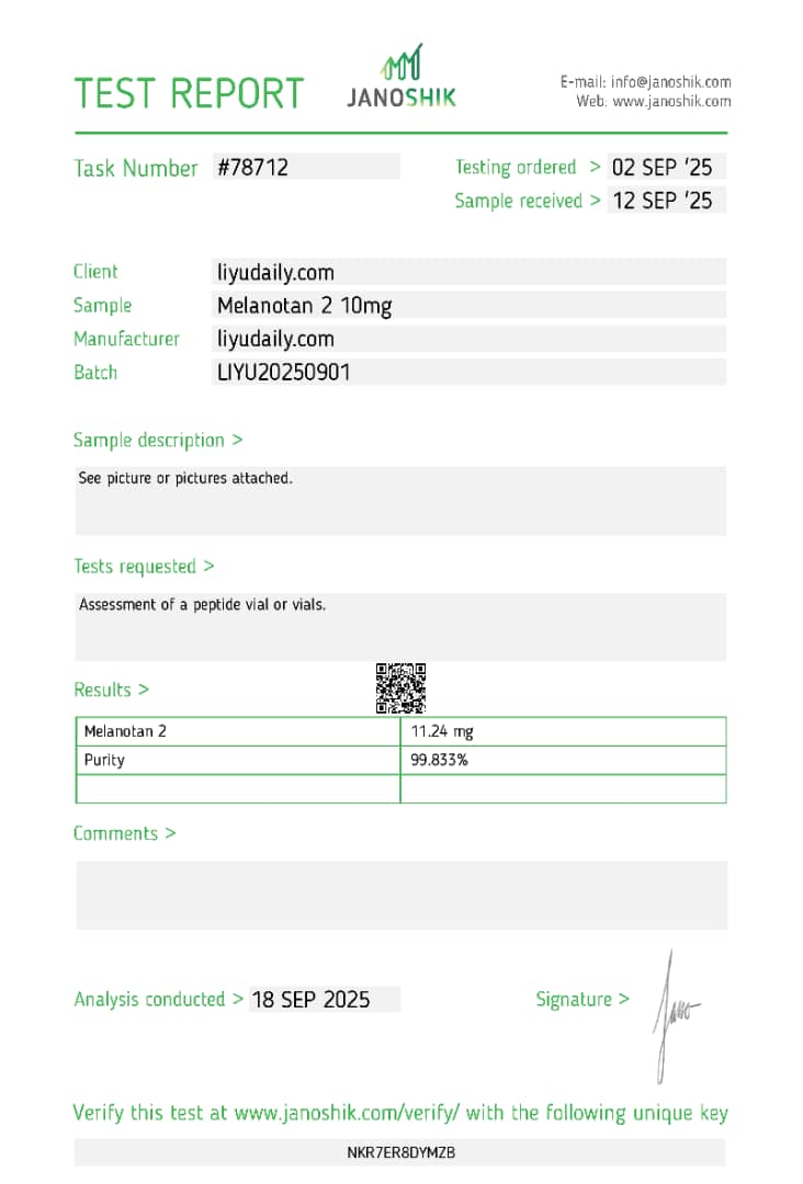 Janoshik Analytical Certificate of Analysis — Melanotan II 10 mg, batch LIYU20250901, task #78712