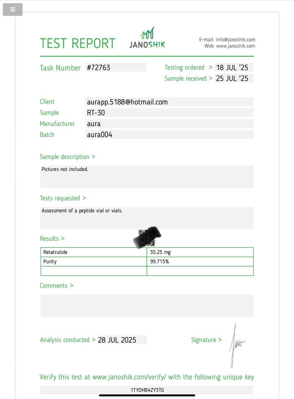 Janoshik Analytical Certificate of Analysis — Retatrutide 30 mg (RT-30), batch aura004, task #72763