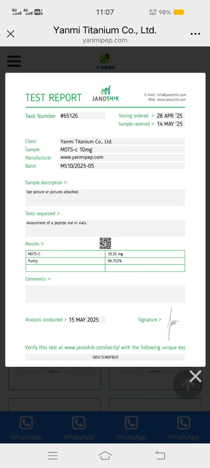 Janoshik Analytical Certificate of Analysis — MOTS-c 10 mg, batch MS10/2025-05, task #65126