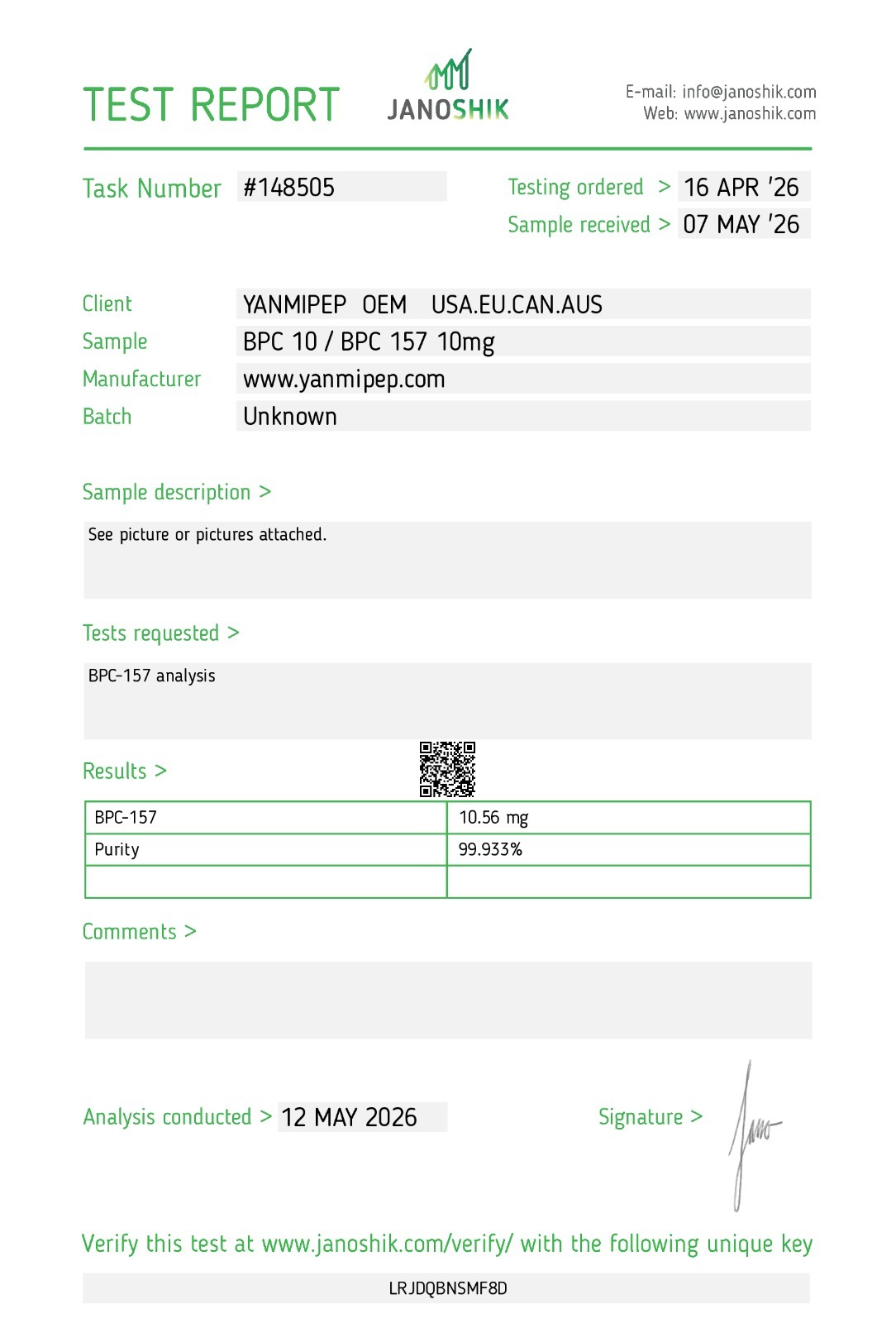 Janoshik Analytical Certificate of Analysis — BPC-157 10 mg, batch Unknown, task #148505