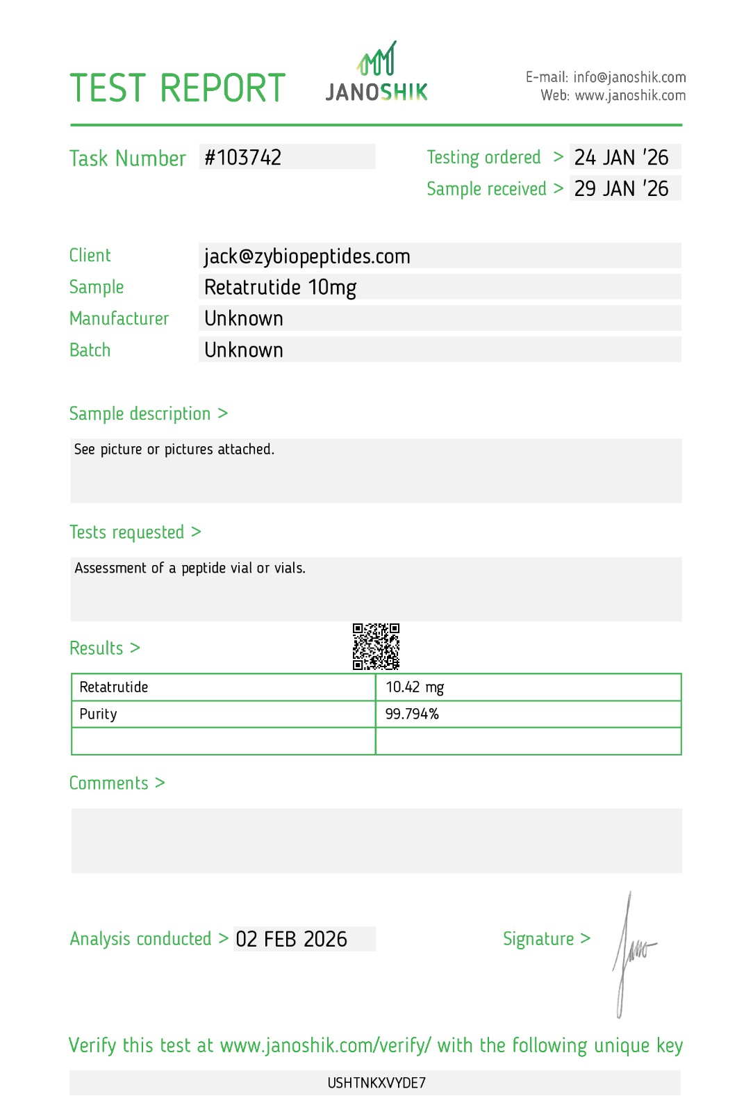 Janoshik Analytical Certificate of Analysis — Retatrutide 10 mg, batch RETA-10-2026-01, task #103742